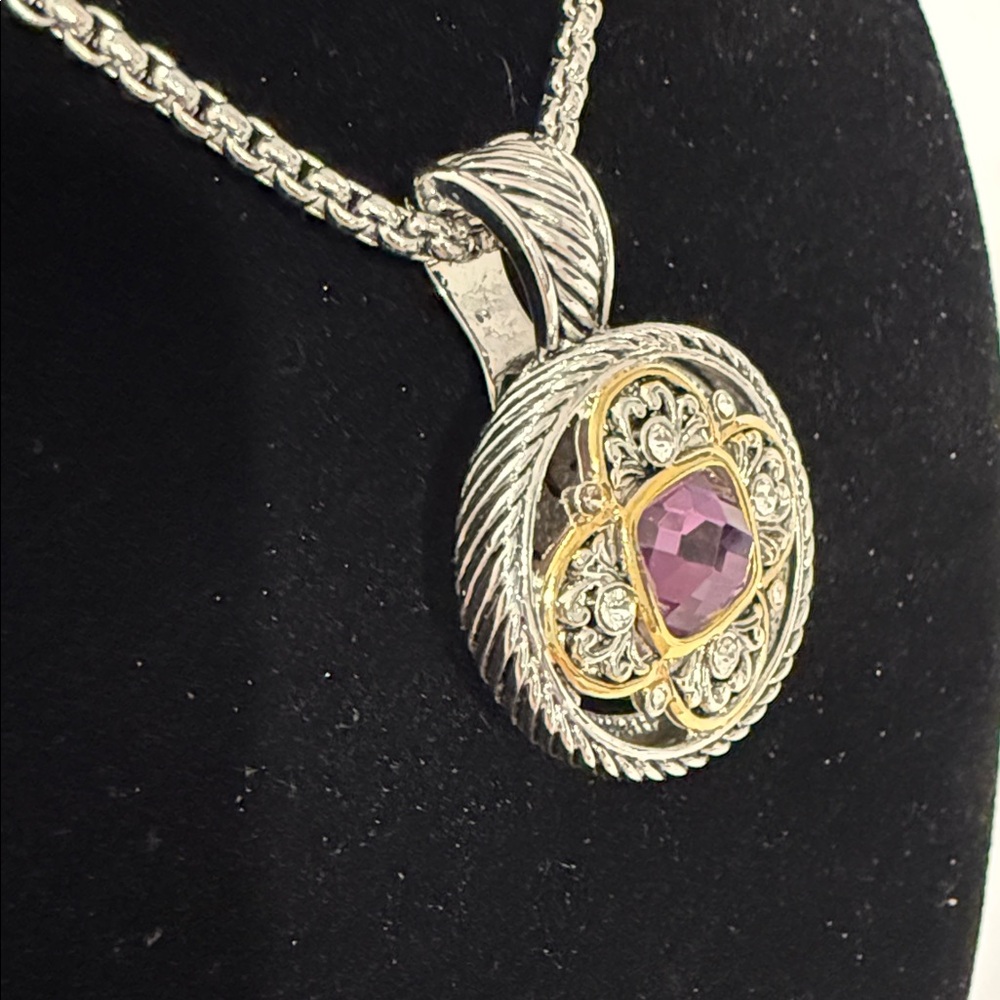 Silver/Gold Tone Pendant Necklace with Purple Swarovski Crystal Accent